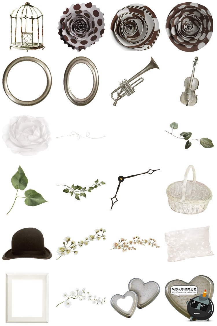 图片[3]-复古欧式边框蕾丝蝴蝶结植物花卉手账PNG装饰元素美工拼贴素材图-设计猿