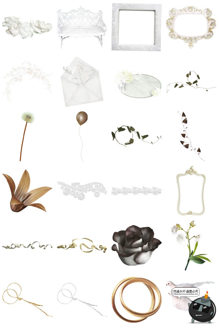 图片[6]-复古欧式边框蕾丝蝴蝶结植物花卉手账PNG装饰元素美工拼贴素材图-设计猿