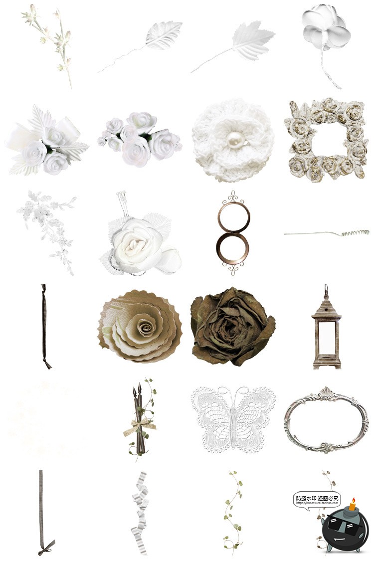 图片[7]-复古欧式边框蕾丝蝴蝶结植物花卉手账PNG装饰元素美工拼贴素材图-设计猿