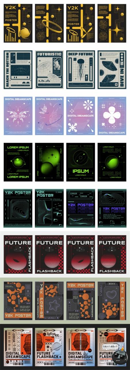 图片[1]-复古趣味Y2K千禧风赛博科技未来科幻HUD海报插画背景AI矢量素材图-设计猿