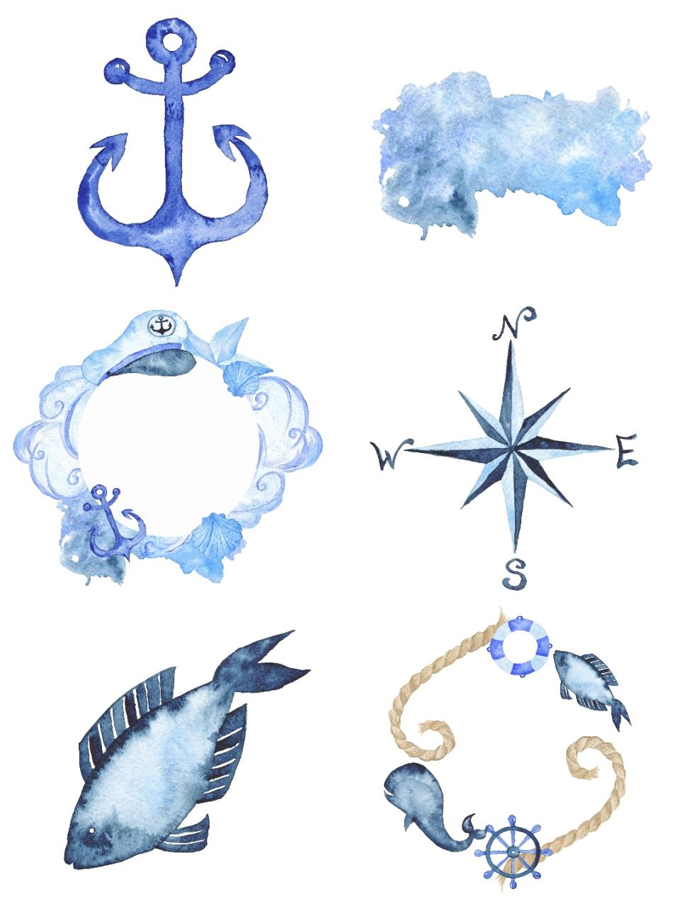 图片[1]-高清水彩蓝色海洋鲸鱼海星贝壳船锚帽子图片PNG免抠PS插画图素材-设计猿