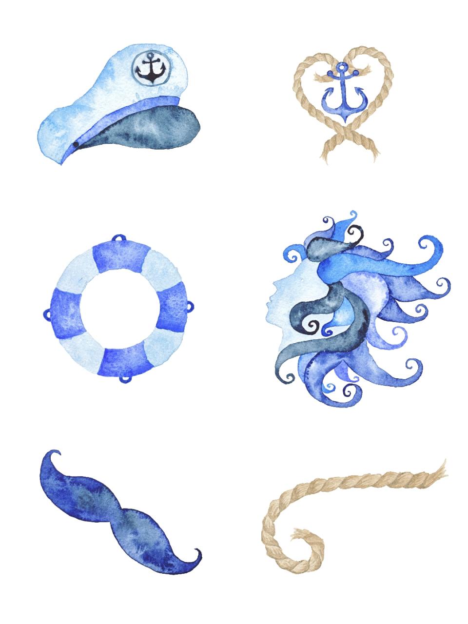 图片[2]-高清水彩蓝色海洋鲸鱼海星贝壳船锚帽子图片PNG免抠PS插画图素材-设计猿