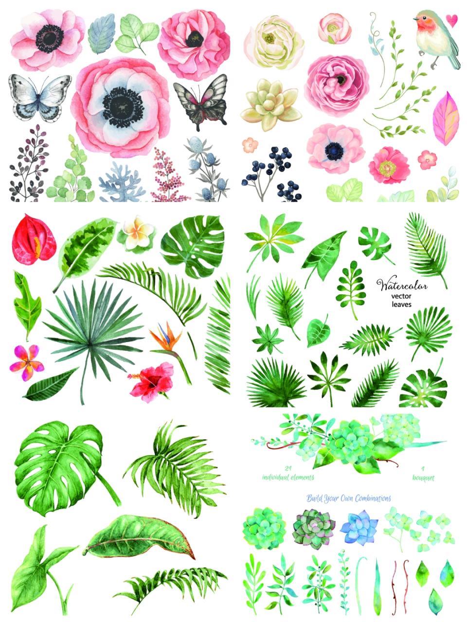 图片[1]-小清新手绘水彩植物叶子花朵装饰画元素印花AI矢量填充图案素材-设计猿