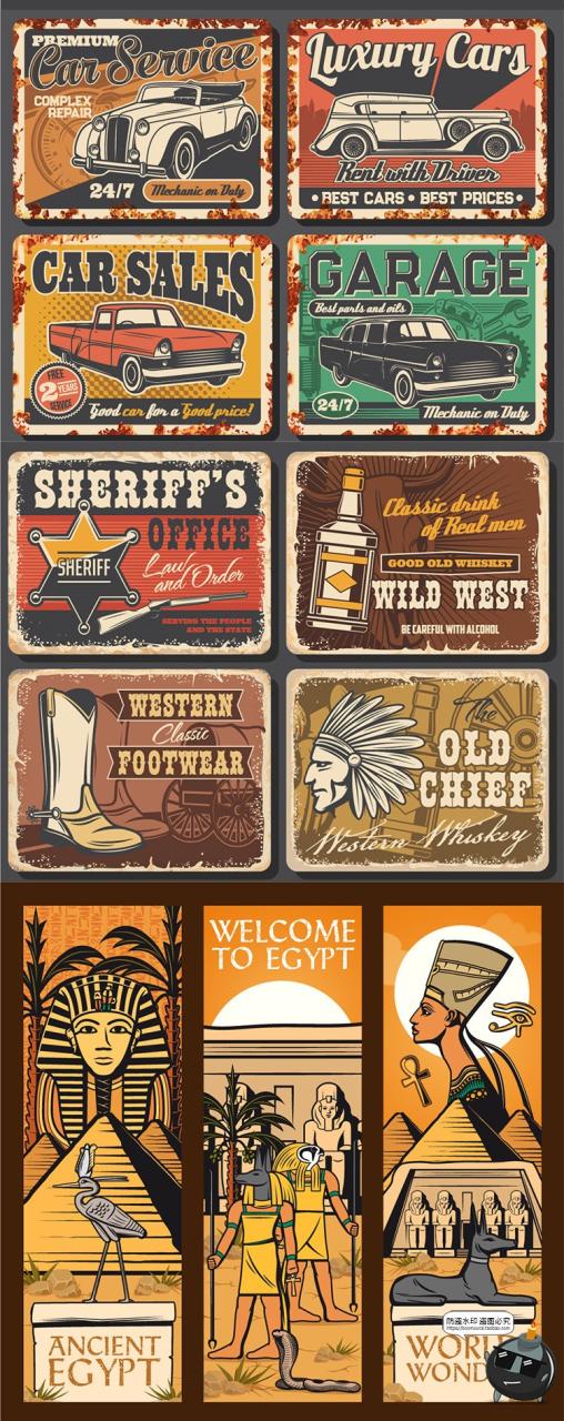 图片[4]-创意老式欧美复古做旧磨损手绘商品活动促销插画海报AI矢量图素材-设计猿