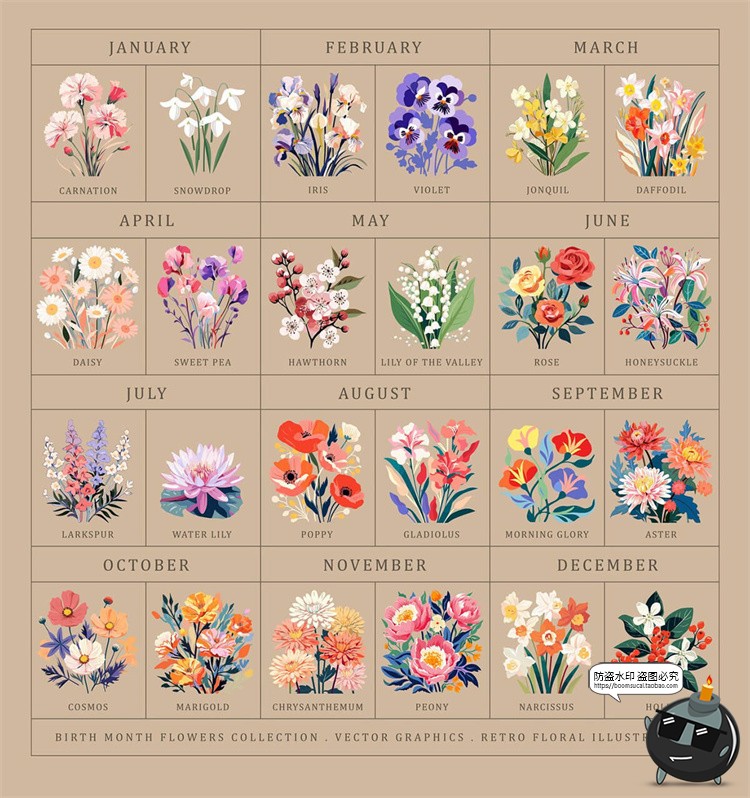 图片[2]-时尚扁平化出生月花卉植物鲜花手绘插图装饰插画AI矢量PNG素材图-设计猿