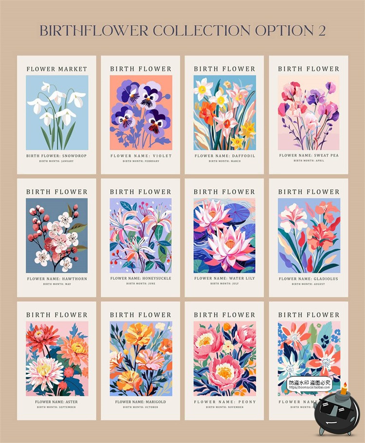 图片[3]-时尚扁平化出生月花卉植物鲜花手绘插图装饰插画AI矢量PNG素材图-设计猿