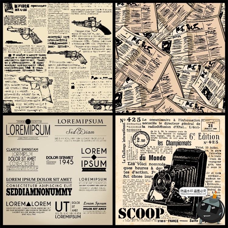 图片[1]-复古欧美上世纪老旧泛黄旧报纸传单装饰图案背景底纹AI矢量素材图-设计猿