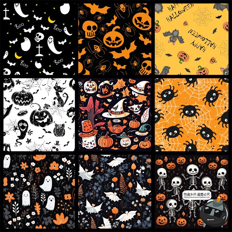 图片[1]-可爱卡通南瓜幽灵骷髅鬼怪万圣节主题无缝图案平铺AI矢量图片素材-设计猿