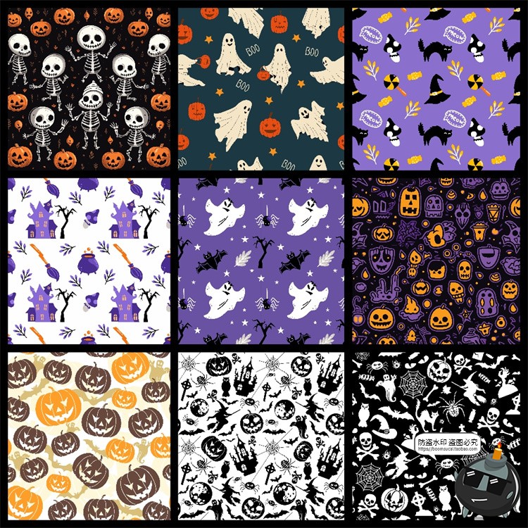 图片[2]-可爱卡通南瓜幽灵骷髅鬼怪万圣节主题无缝图案平铺AI矢量图片素材-设计猿