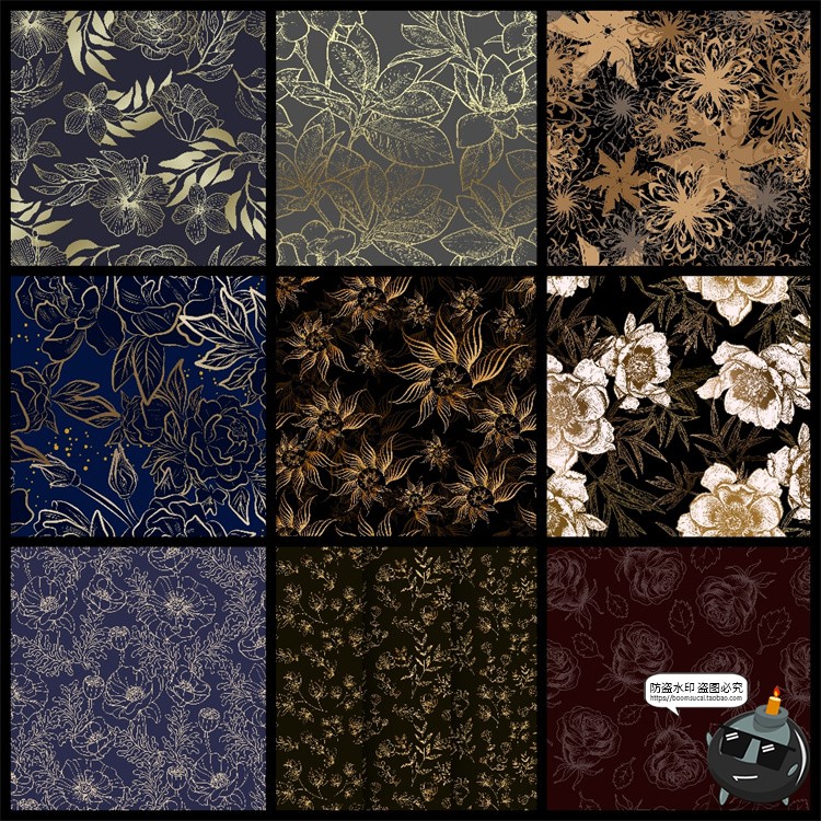 图片[1]-金色描金烫金线描植物花卉插画无缝装饰图案背景AI矢量JPG素材图-设计猿