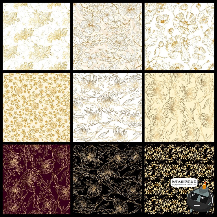 图片[2]-金色描金烫金线描植物花卉插画无缝装饰图案背景AI矢量JPG素材图-设计猿