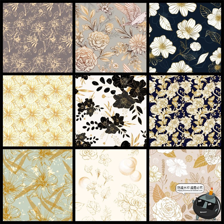 图片[3]-金色描金烫金线描植物花卉插画无缝装饰图案背景AI矢量JPG素材图-设计猿