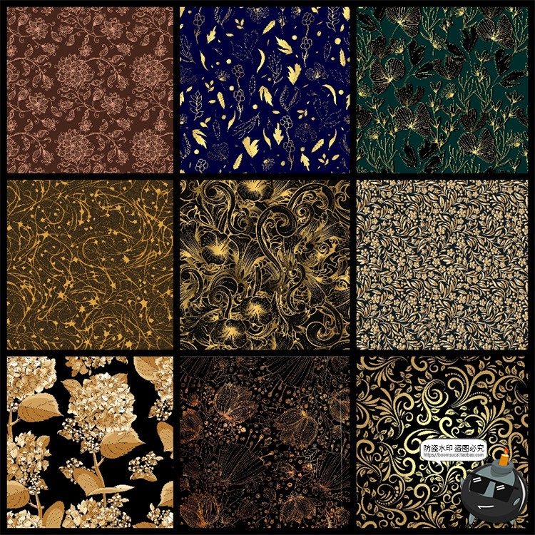 图片[4]-金色描金烫金线描植物花卉插画无缝装饰图案背景AI矢量JPG素材图-设计猿