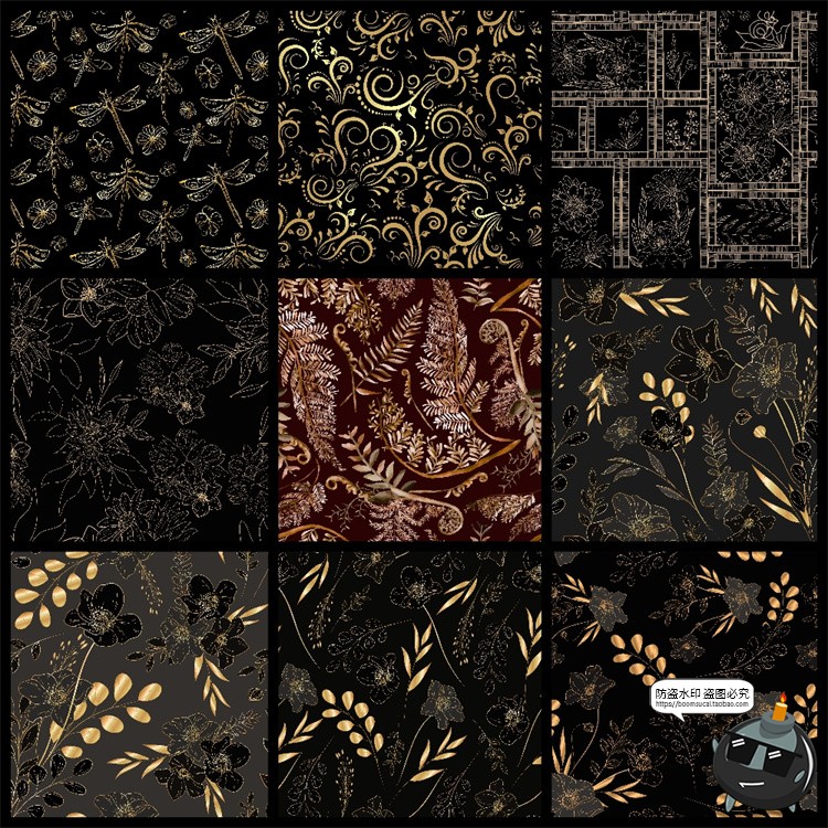 图片[5]-金色描金烫金线描植物花卉插画无缝装饰图案背景AI矢量JPG素材图-设计猿