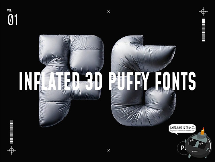 图片[1]-羽绒充气膨胀气垫3D泡泡英文字母符号PNG免抠图片手账美工ps素材-设计猿