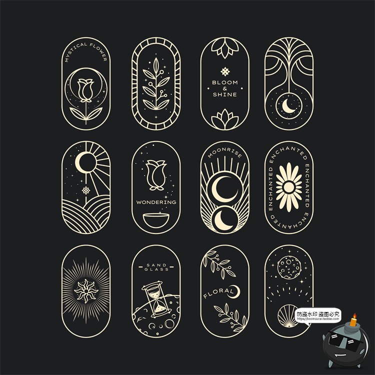 图片[1]-复古波西米亚线描神秘魔法天体植物装饰插画标签AI矢量图PNG素材-设计猿