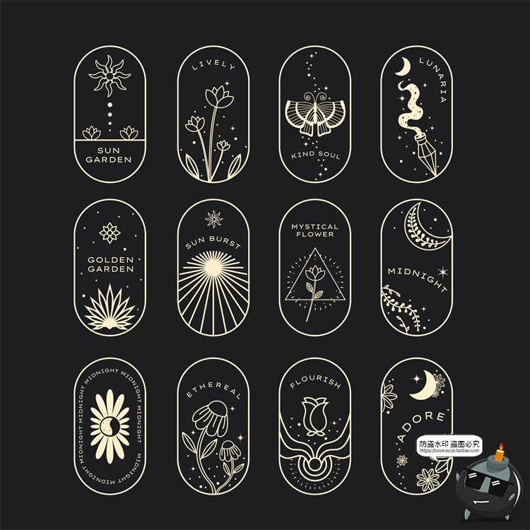 图片[2]-复古波西米亚线描神秘魔法天体植物装饰插画标签AI矢量图PNG素材-设计猿