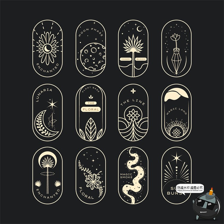 图片[3]-复古波西米亚线描神秘魔法天体植物装饰插画标签AI矢量图PNG素材-设计猿