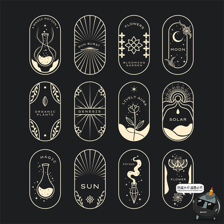 图片[4]-复古波西米亚线描神秘魔法天体植物装饰插画标签AI矢量图PNG素材-设计猿