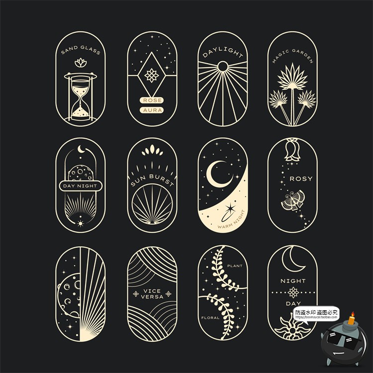 图片[5]-复古波西米亚线描神秘魔法天体植物装饰插画标签AI矢量图PNG素材-设计猿