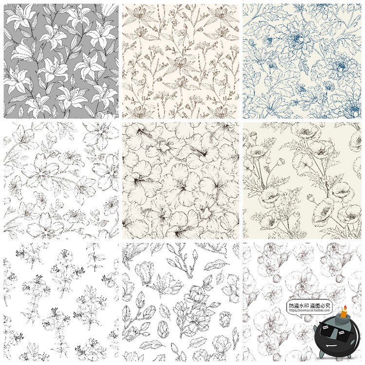 图片[1]-复古手绘线描花卉植物花草插画无缝平铺图案背景AI矢量JPG素材图-设计猿