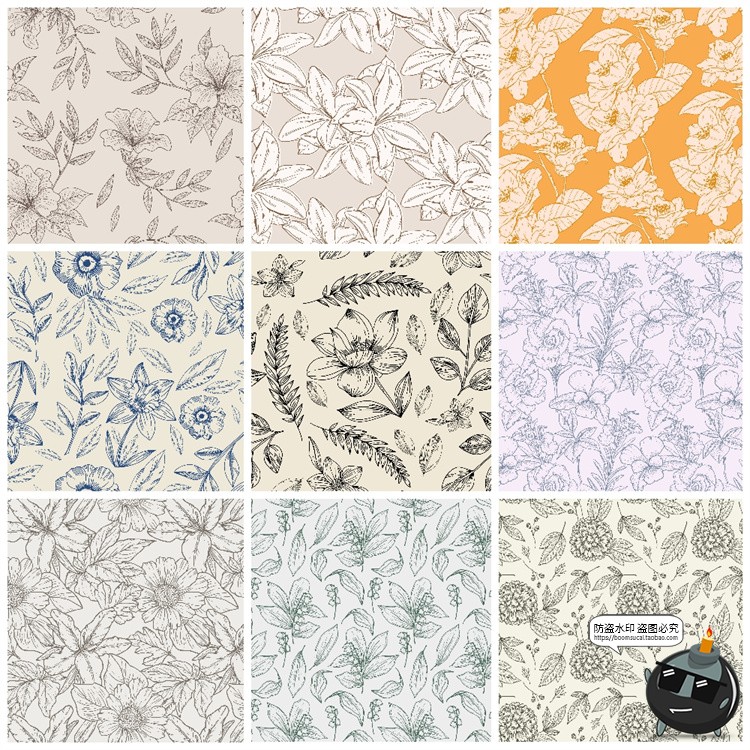 图片[2]-复古手绘线描花卉植物花草插画无缝平铺图案背景AI矢量JPG素材图-设计猿