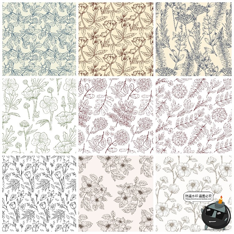 图片[3]-复古手绘线描花卉植物花草插画无缝平铺图案背景AI矢量JPG素材图-设计猿