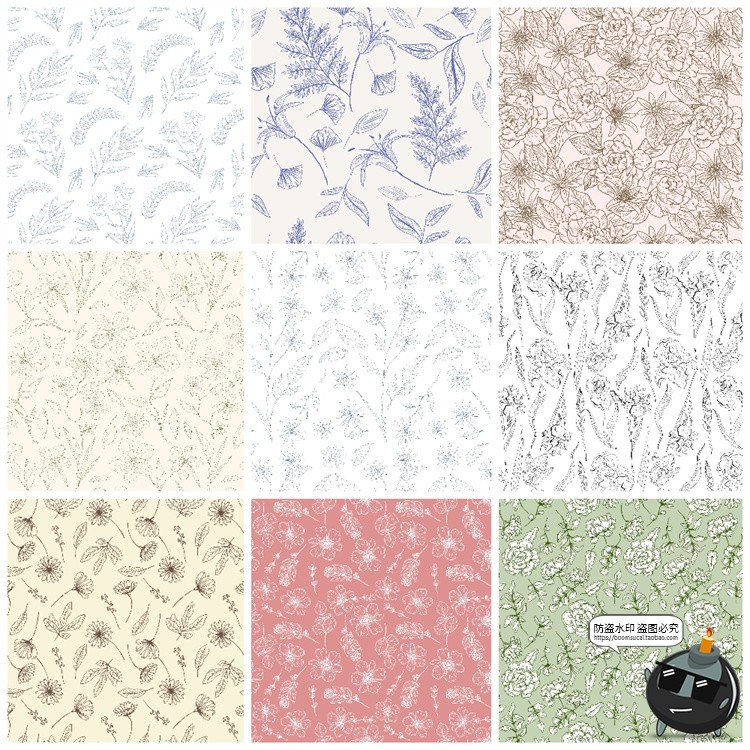 图片[4]-复古手绘线描花卉植物花草插画无缝平铺图案背景AI矢量JPG素材图-设计猿