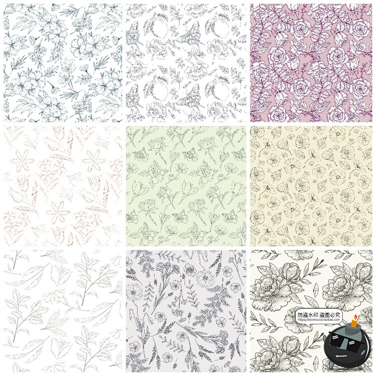 图片[5]-复古手绘线描花卉植物花草插画无缝平铺图案背景AI矢量JPG素材图-设计猿