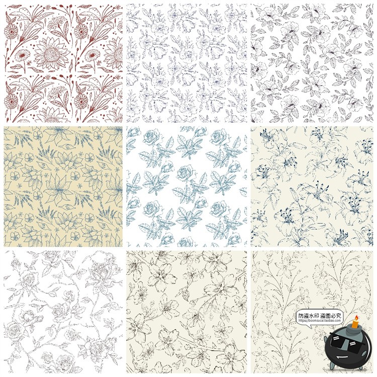 图片[6]-复古手绘线描花卉植物花草插画无缝平铺图案背景AI矢量JPG素材图-设计猿