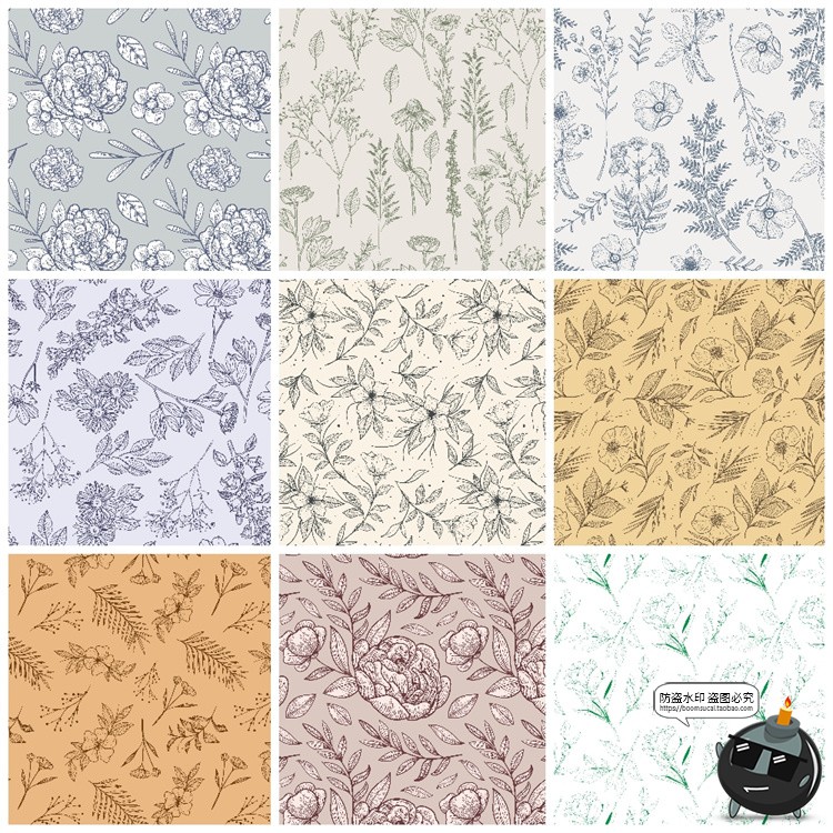 图片[7]-复古手绘线描花卉植物花草插画无缝平铺图案背景AI矢量JPG素材图-设计猿