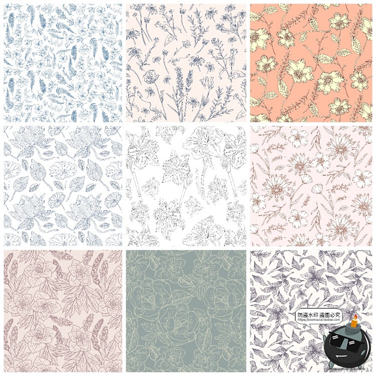 图片[8]-复古手绘线描花卉植物花草插画无缝平铺图案背景AI矢量JPG素材图-设计猿