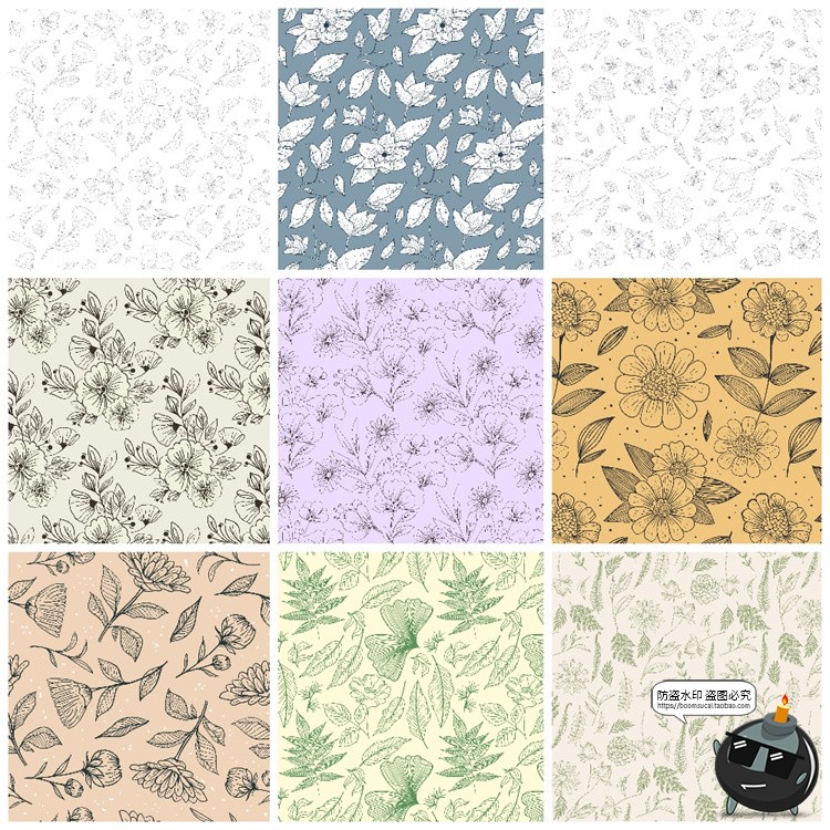 图片[9]-复古手绘线描花卉植物花草插画无缝平铺图案背景AI矢量JPG素材图-设计猿
