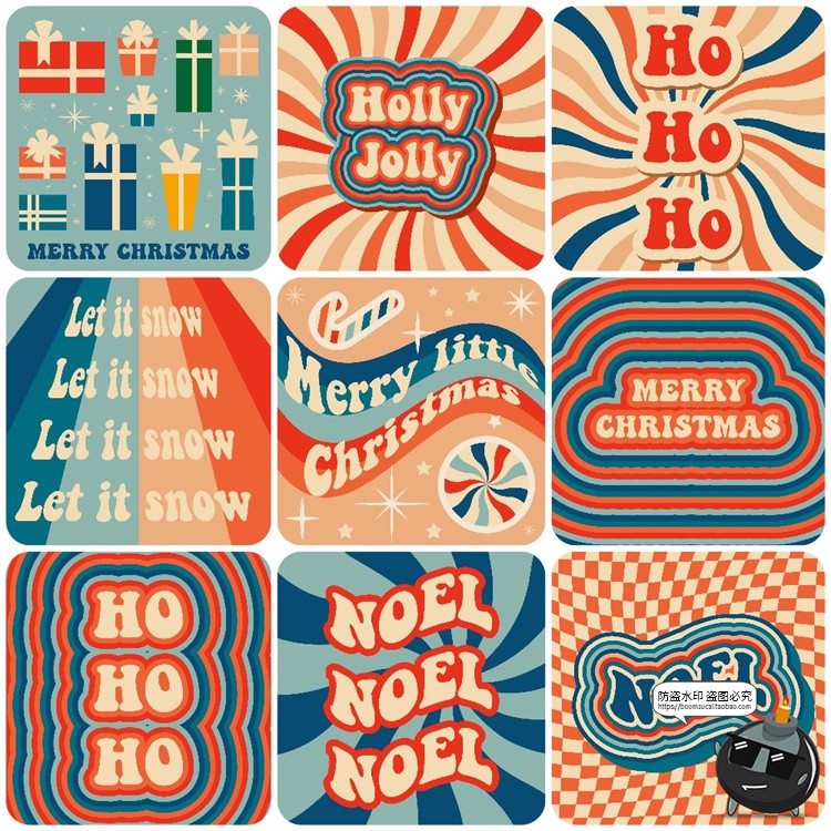 图片[1]-复古配色Y2K卡通圣诞节主题贺卡海报无缝图案AI矢量美工素材合集-设计猿