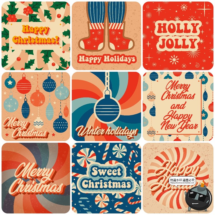 图片[3]-复古配色Y2K卡通圣诞节主题贺卡海报无缝图案AI矢量美工素材合集-设计猿