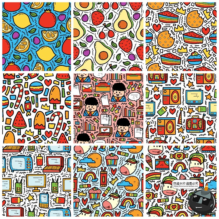 图片[1]-手绘趣味卡通美食快餐水果插画无缝平铺装饰图案AI矢量图JPG素材-设计猿