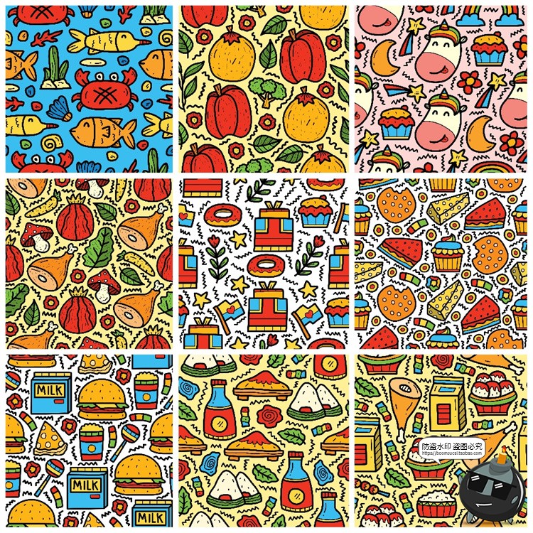 图片[2]-手绘趣味卡通美食快餐水果插画无缝平铺装饰图案AI矢量图JPG素材-设计猿