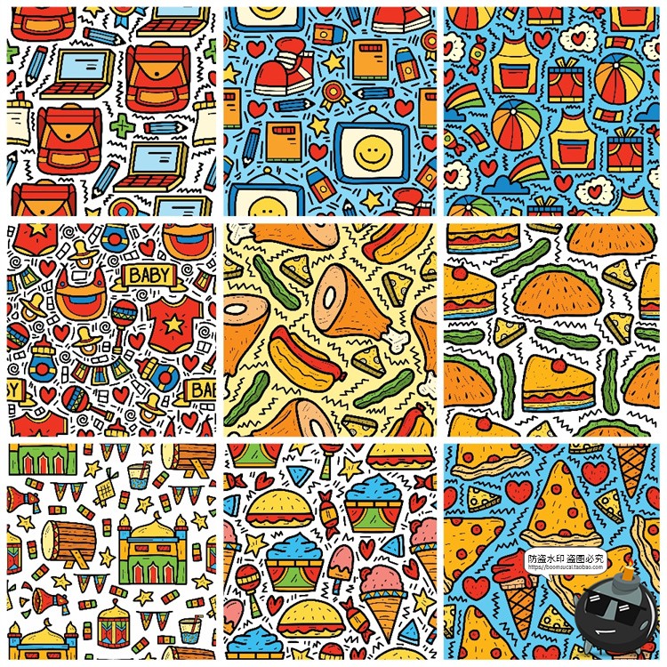 图片[3]-手绘趣味卡通美食快餐水果插画无缝平铺装饰图案AI矢量图JPG素材-设计猿
