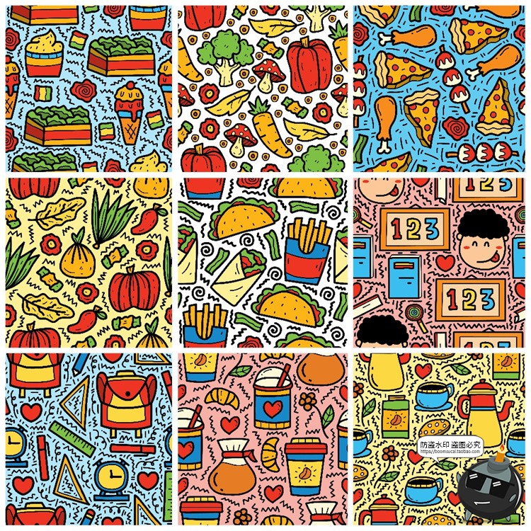 图片[4]-手绘趣味卡通美食快餐水果插画无缝平铺装饰图案AI矢量图JPG素材-设计猿