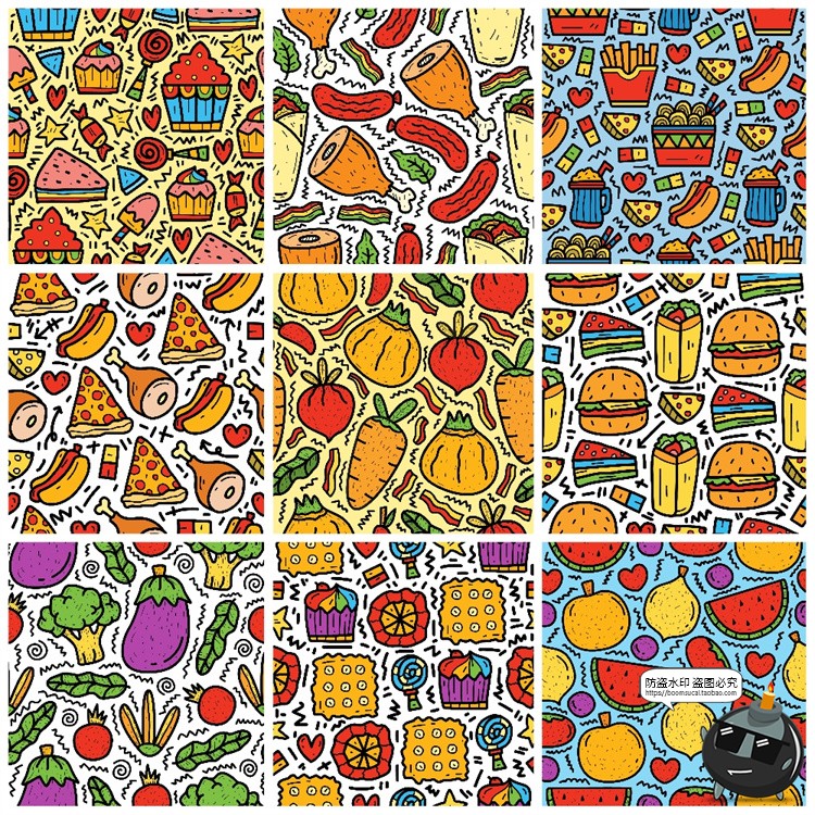 图片[6]-手绘趣味卡通美食快餐水果插画无缝平铺装饰图案AI矢量图JPG素材-设计猿