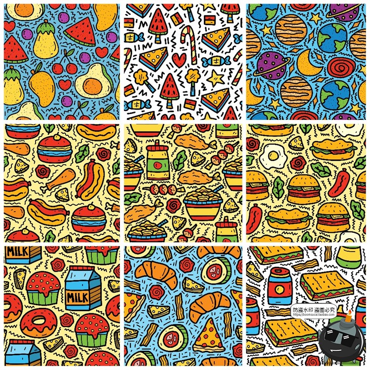 图片[7]-手绘趣味卡通美食快餐水果插画无缝平铺装饰图案AI矢量图JPG素材-设计猿