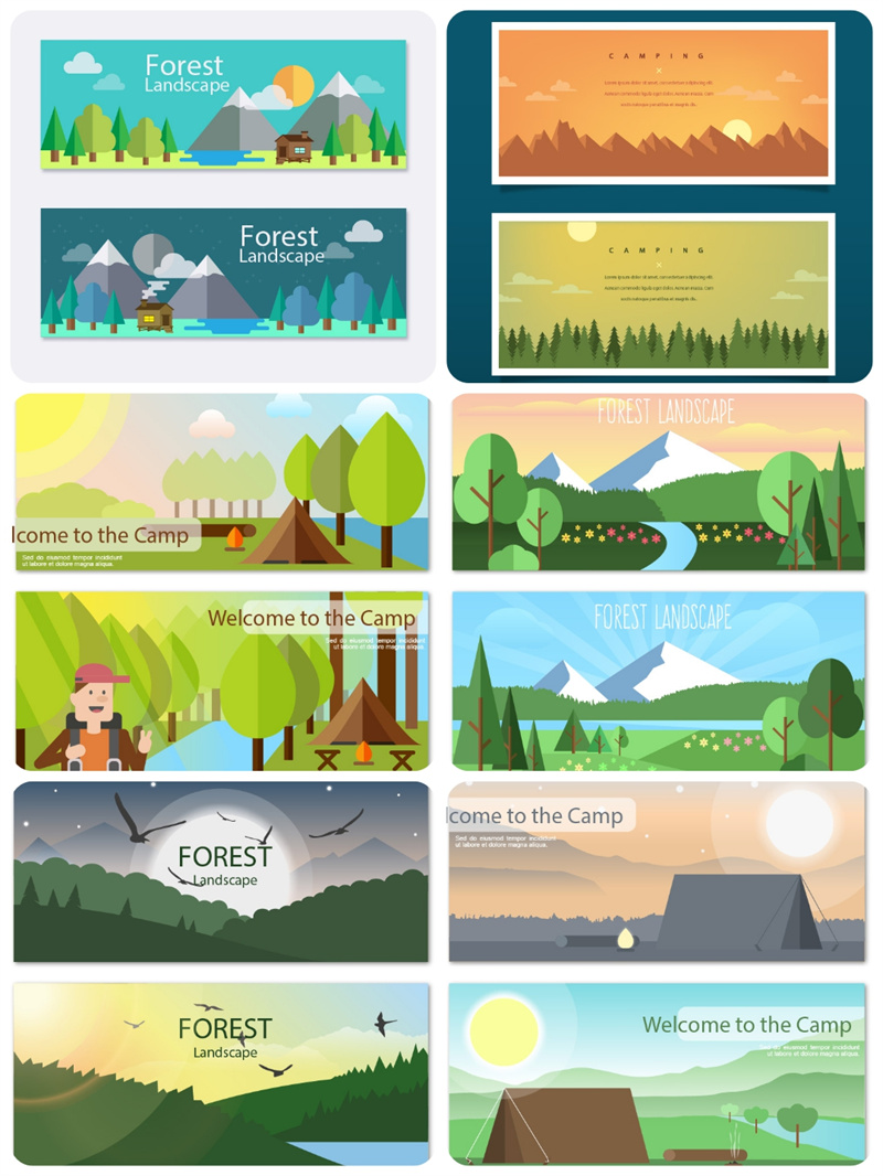 图片[1]-扁平化卡通可爱森林植物风景横幅插画场景背景图案矢量设计AI素材-设计猿