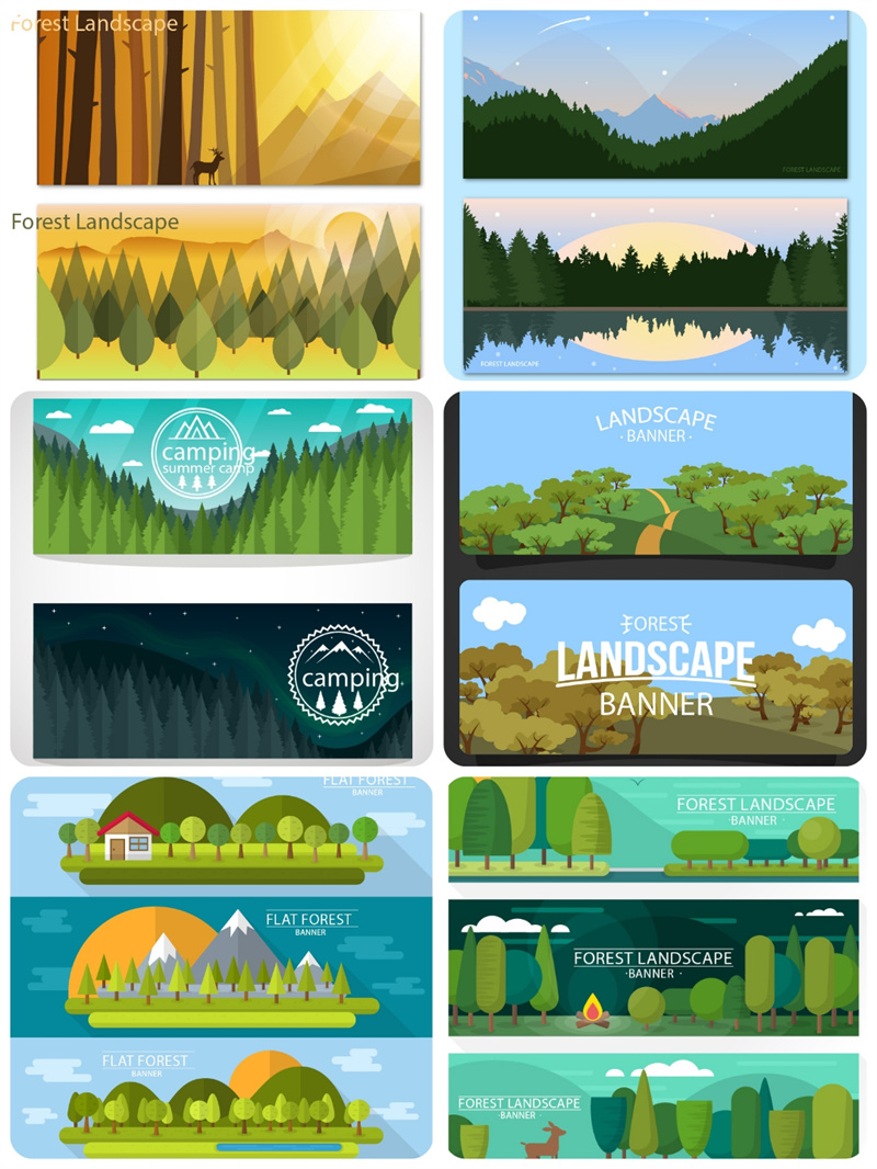 图片[2]-扁平化卡通可爱森林植物风景横幅插画场景背景图案矢量设计AI素材-设计猿