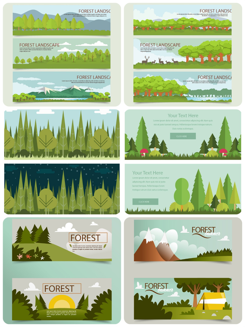 图片[3]-扁平化卡通可爱森林植物风景横幅插画场景背景图案矢量设计AI素材-设计猿