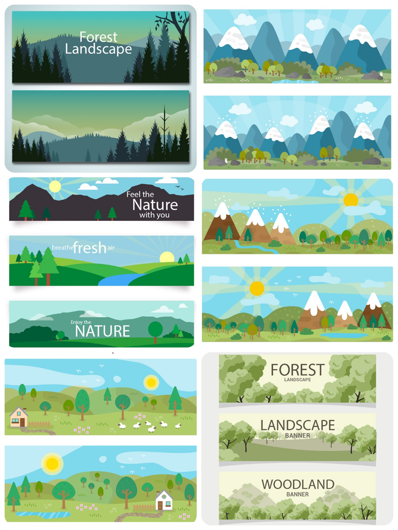 图片[4]-扁平化卡通可爱森林植物风景横幅插画场景背景图案矢量设计AI素材-设计猿