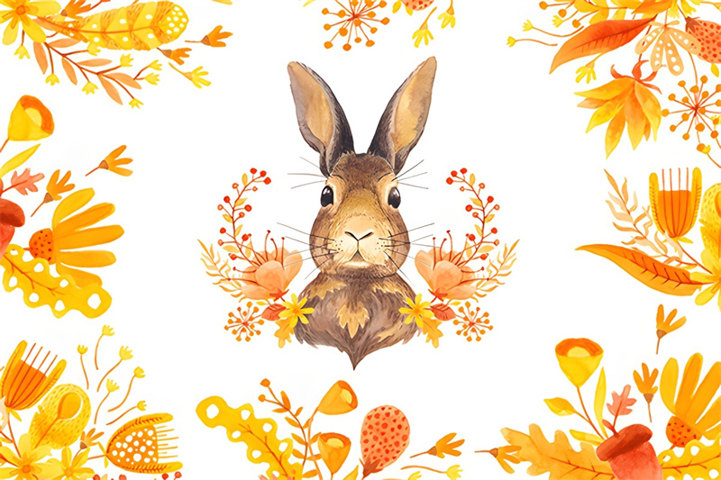 图片[2]-唯美秋季秋天水彩金黄色花环兔子叶子卡片PSD模板PNG免扣设计素材-设计猿