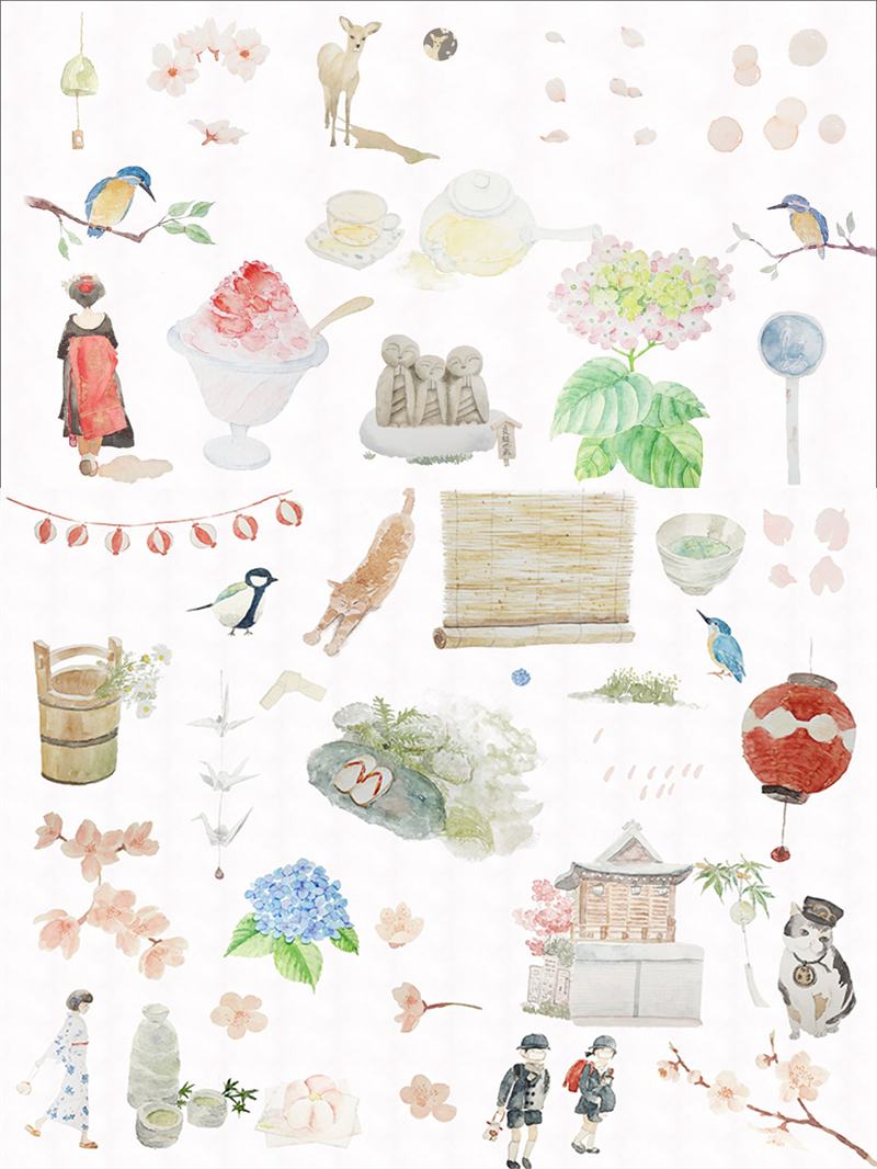 图片[1]-手绘日式民族水彩森系猫咪樱花插画PS小元素设计AI矢量PSD素材图-设计猿