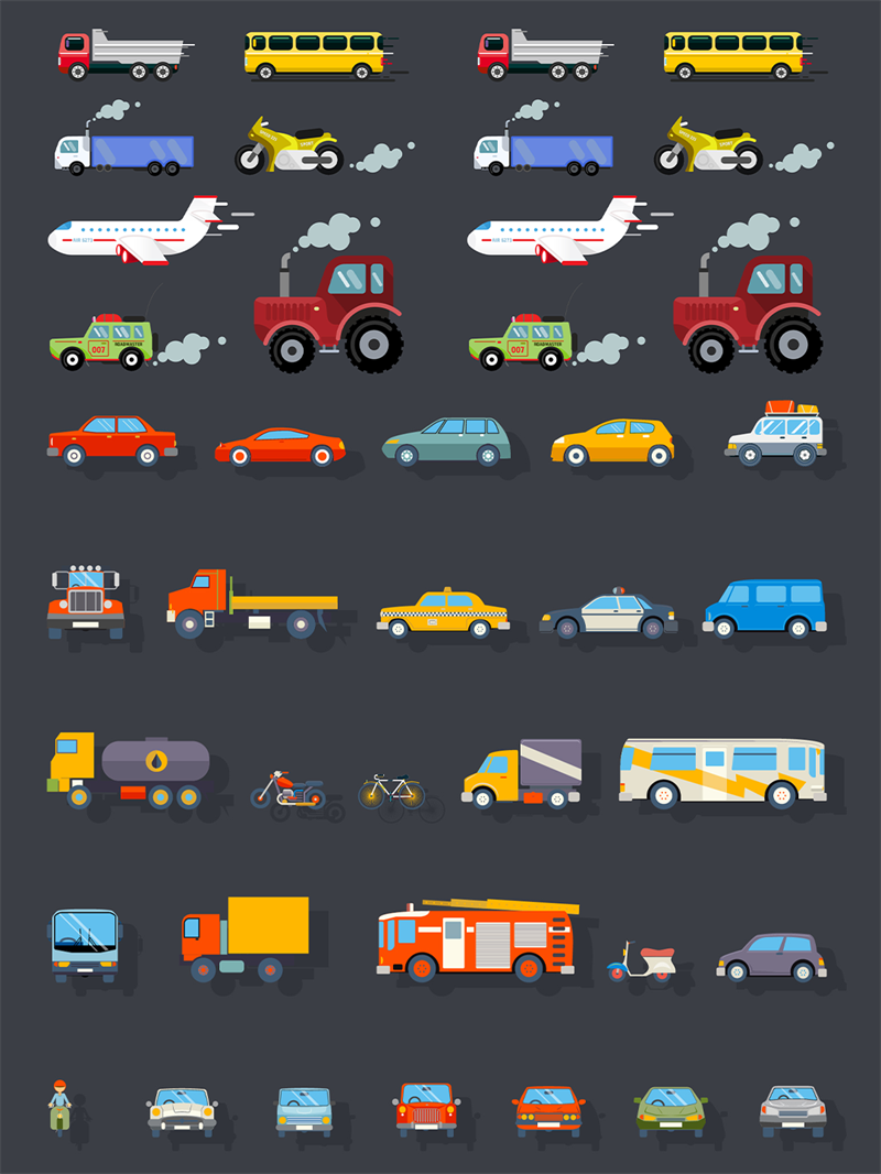 图片[1]-卡通扁平化交通运输工具货车客车汽车摩托自行车AI矢量图标素材-设计猿