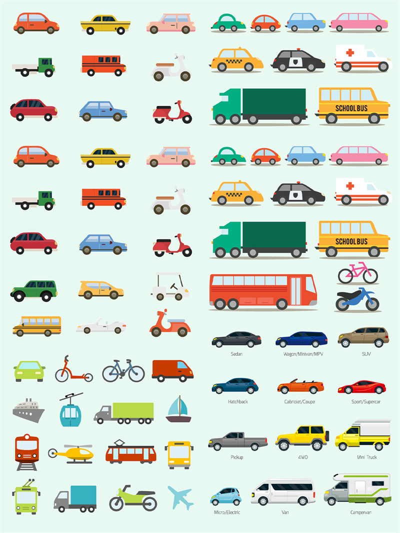 图片[2]-卡通扁平化交通运输工具货车客车汽车摩托自行车AI矢量图标素材-设计猿