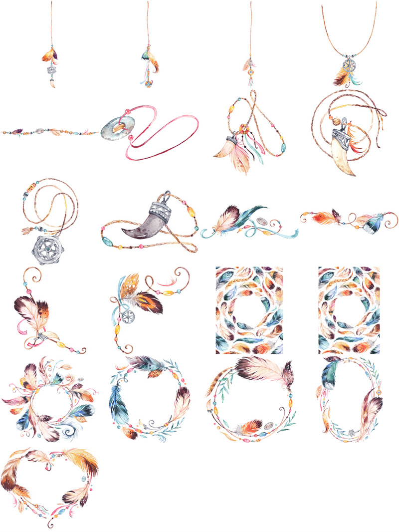 图片[4]-手绘水彩彩色护身符花环羽毛部落民族图案婚礼贺卡片PNG免扣素材-设计猿